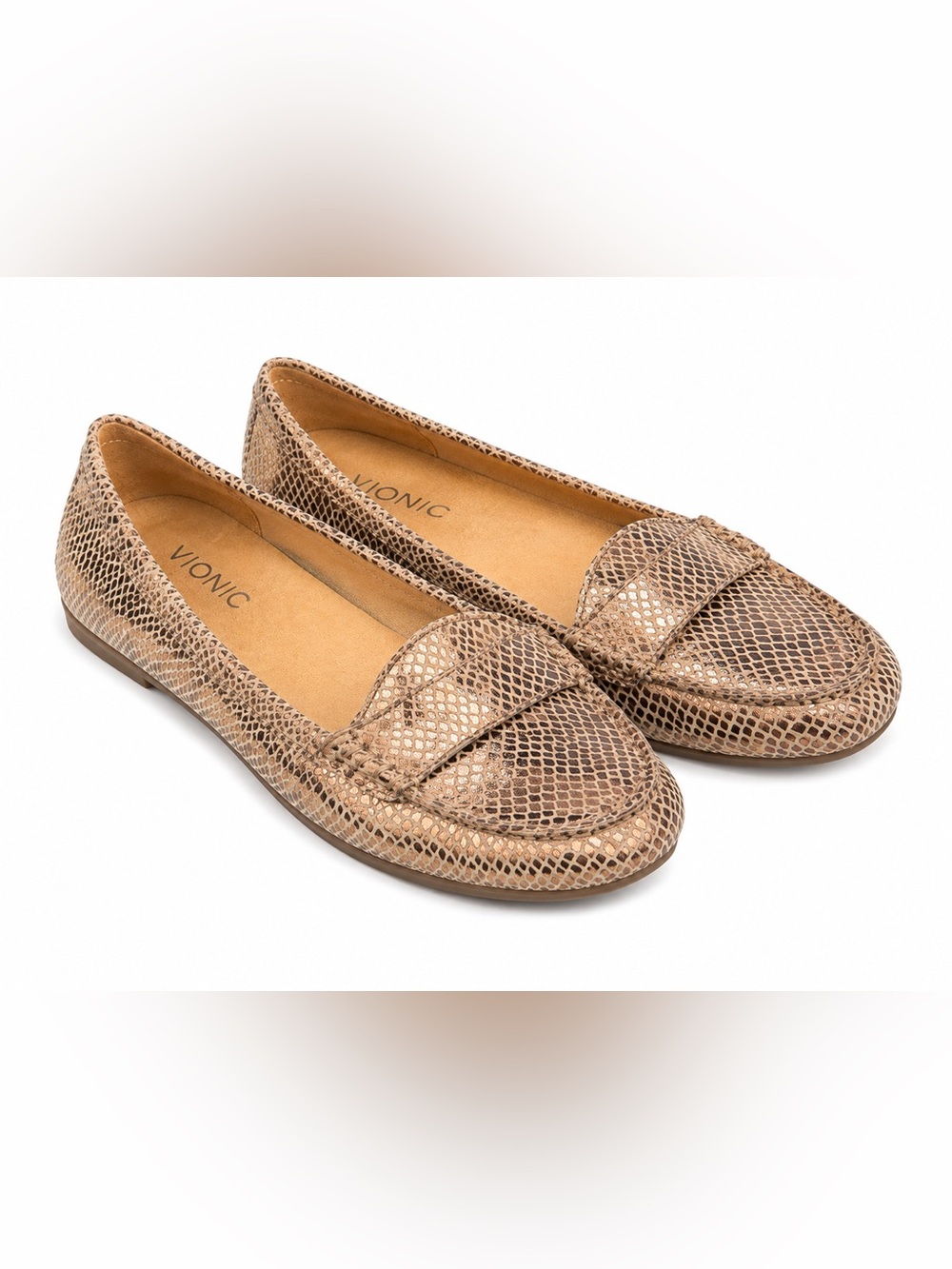Vionic Snake Print Loafers 7.5 Brown Metallic Penny Preppy Quiet Luxury Flats